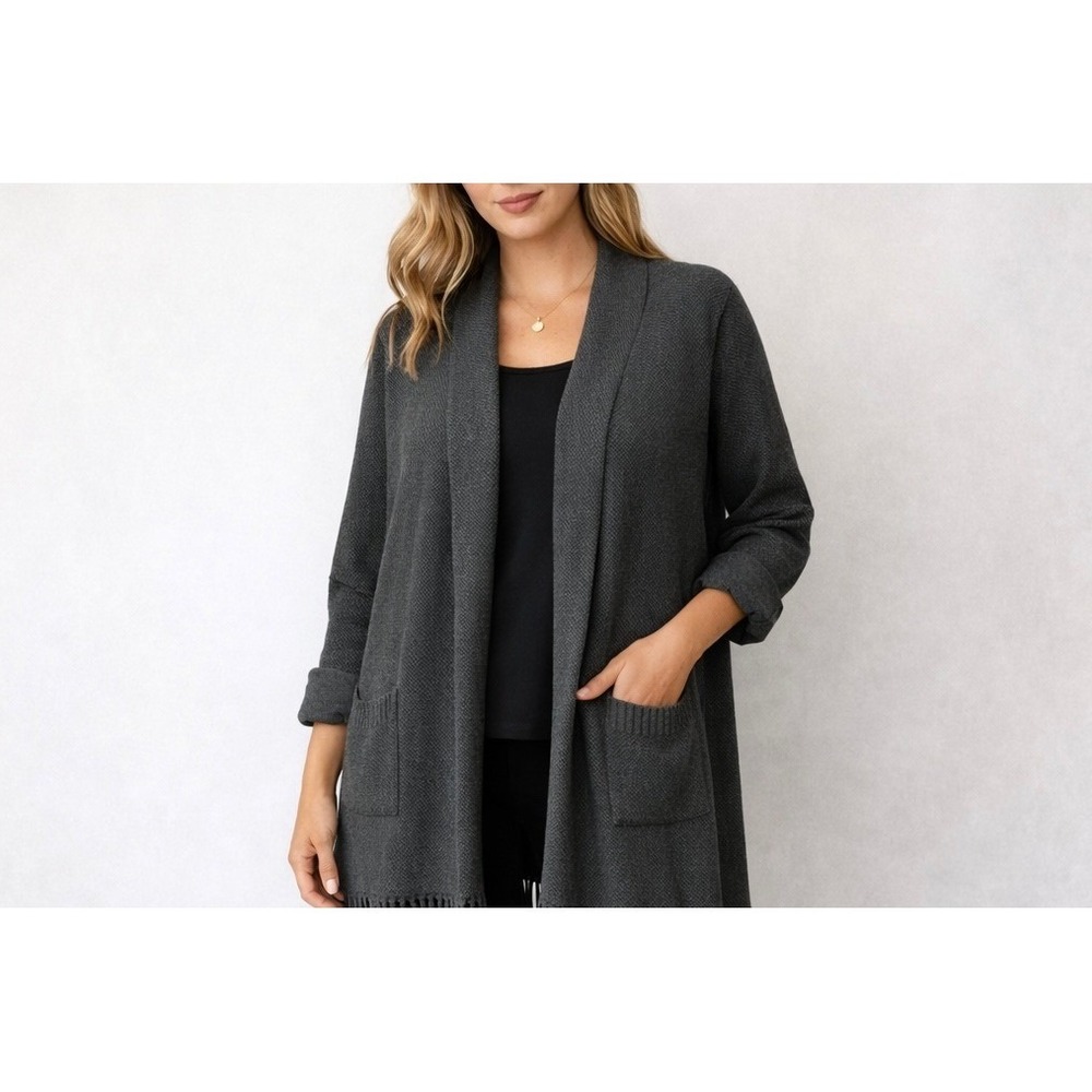 Magaschoni‎ Fringe Cardigan Womens 1X Charcoal Open Knit Boho Quiet Luxury